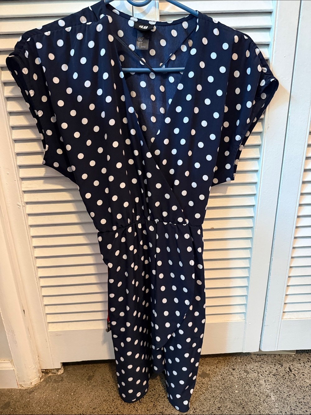 H&M Navy and White Polka Dot Faux Wrap Dress